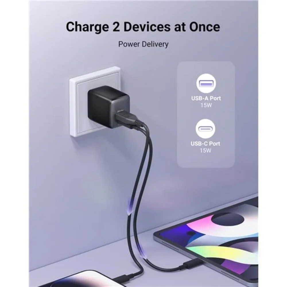 USB C Fast Charging Charger, 30W Dual-Port GaN Nano Charger with Foldable Plug